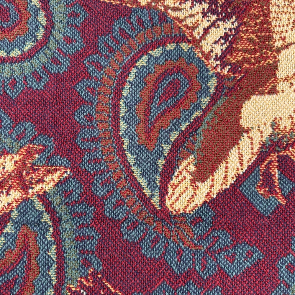 Vtg Woven Tapestry Throw Blanket Mallard Duck Paisley Fringe Burgundy Teal 47x70 - Picture 7 of 12